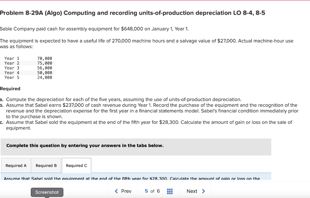  Problem 8-29A (Algo) Computing and recording units-of-production depreciation LO 8-4, 8-5
