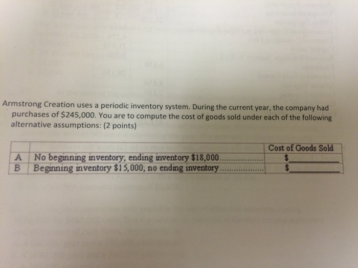 Armstrong Creation uses a periodic inventory system. During the current year,