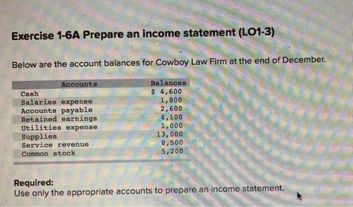  Help Please (Highlighted Blue Boxes) Exercise 1-6A Prepare an income statement