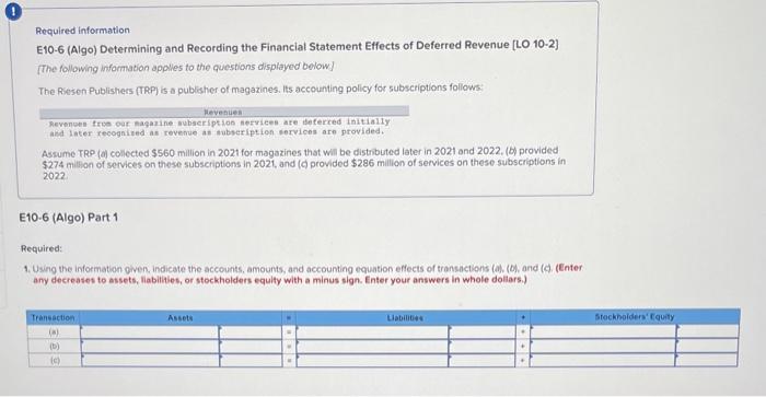  Required information E10-6 (Algo) Determining and Recording the Financial Statement Effects