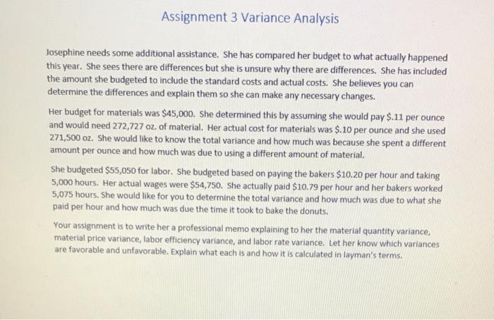  Assignment 3 Variance Analysis Josephine needs some additional assistance. She has