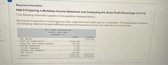 Required information PA6-5 Preparing a Multistep Income Statement and Computing the