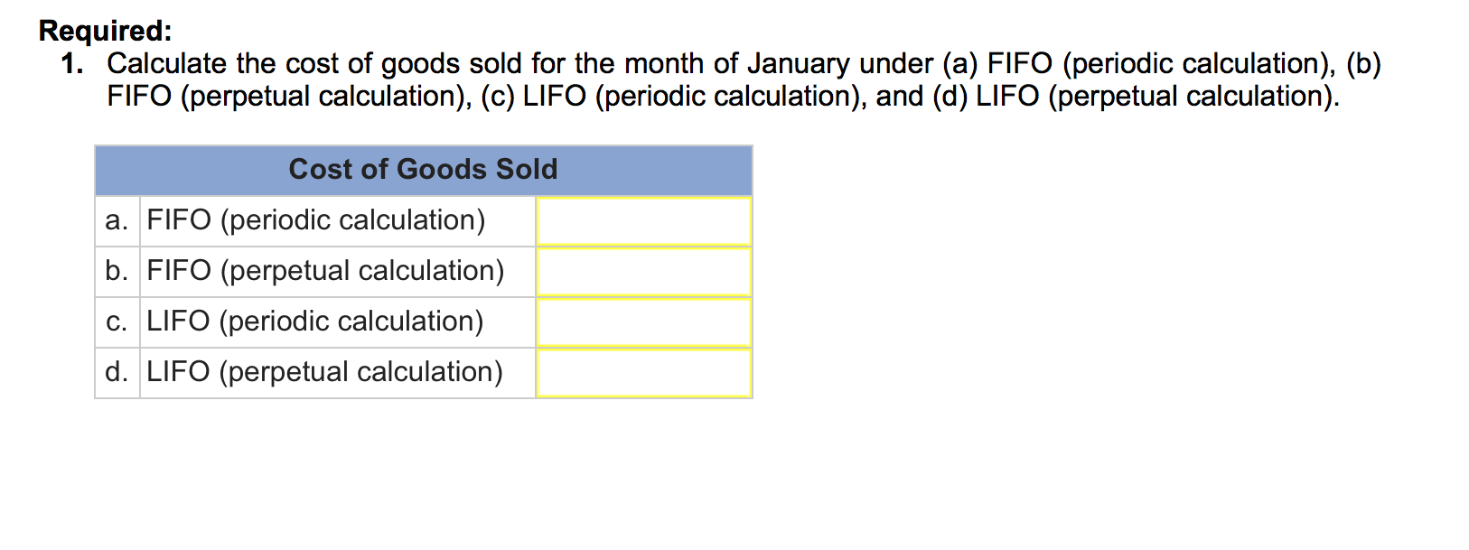 inventory (December 31, 2014), 2,020 units at $36; purchases, 7,890 units at