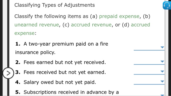  Classifying Types of Adjustments Classify the following items as (a) prepaid