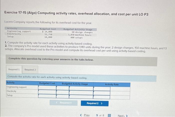  Exercise 17-15 (Algo) Computing activity rates, overhead allocation, and cost per
