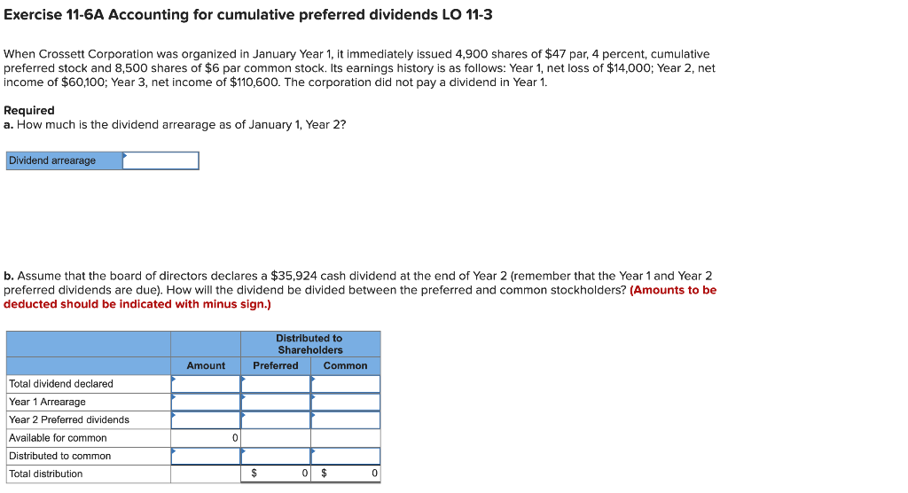  Exercise 11-6A Accounting for cumulative preferred dividends LO 11-3 When Crossett