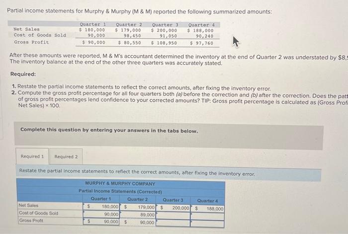 Partial income statements for Murphy \& Murphy ( M \& M)