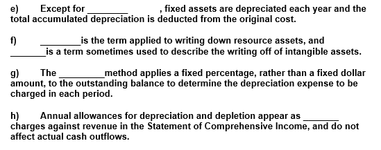  e) Except for , fixed assets are depreciated each year and