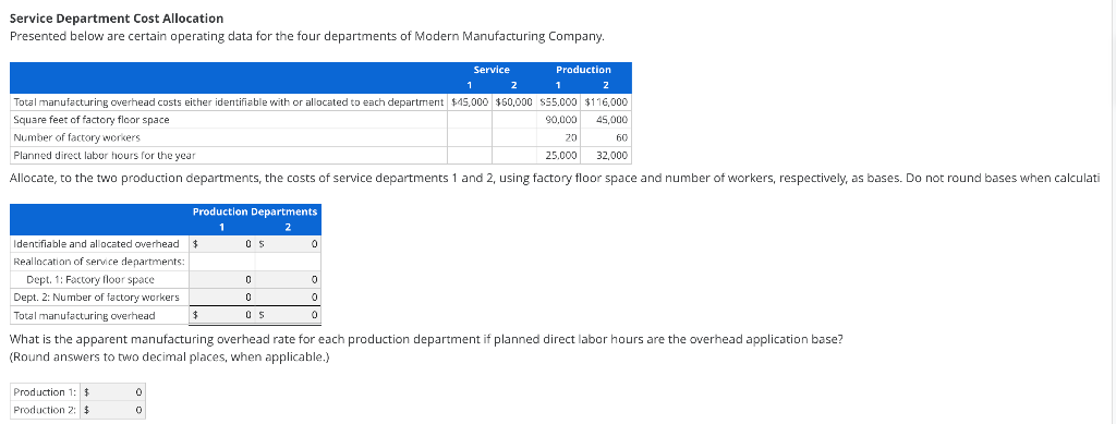  Service Department Cost Allocation Presented below are certain operating data for