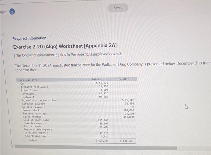  Exercise 2-20 (Algo) Worksheet [Appendix 2A] [The following information applies to