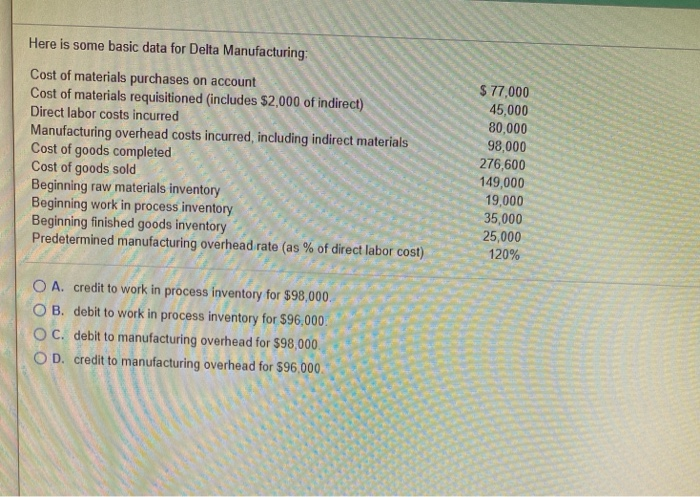  accounting class Here is some basic data for Delta Manufacturing: Cost