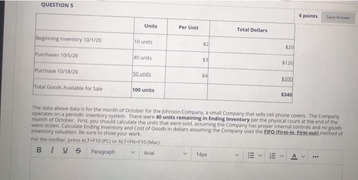  QUESTIONS 6 points Save Answer Units Per Unit Total Dollars Beginning
