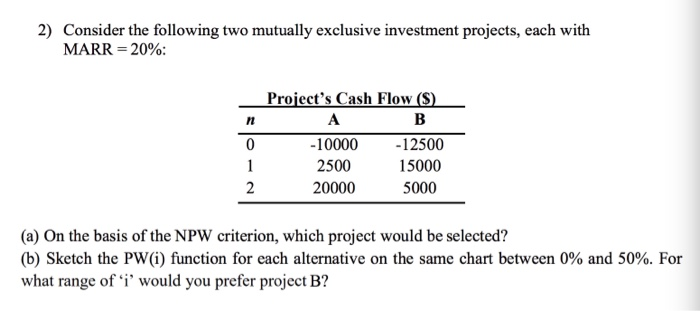  2) Consider the following two mutually exclusive investment projects, each with