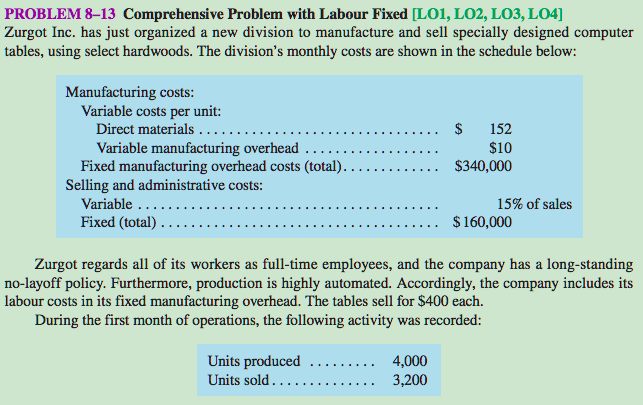  PROBLEM 8-13 Comprehensive Problem with Labour Fixed [LO1, LO2, LO3, L04]