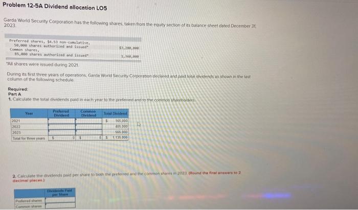  Problem 12.5A Dividend allocation LO5 Gards World Secunty Corporation has the