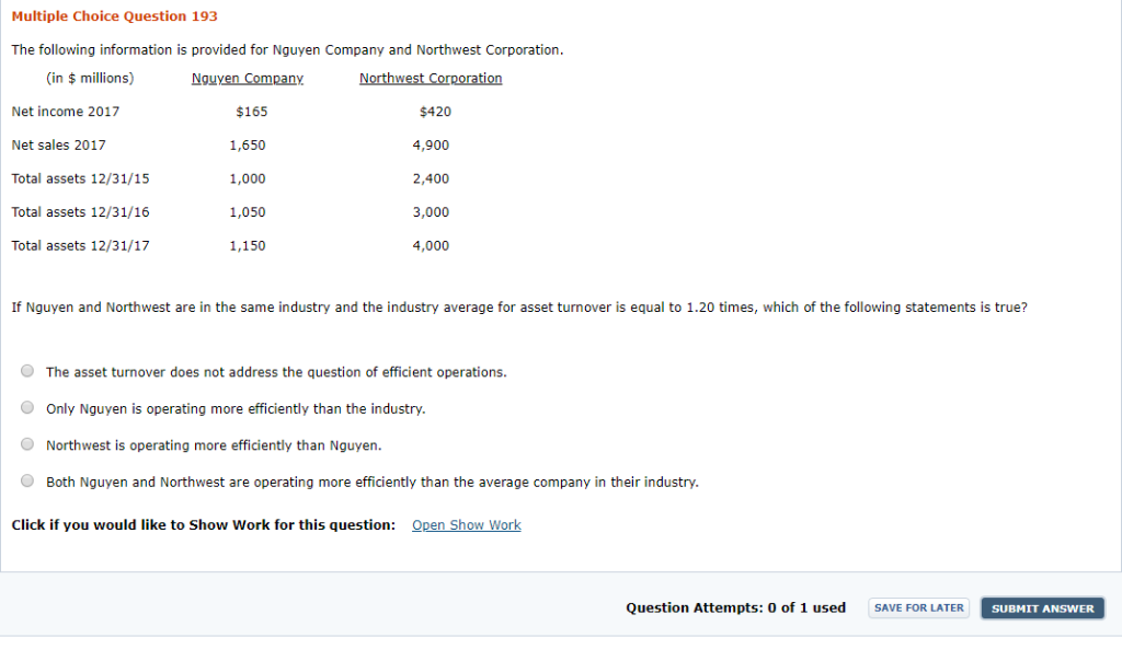 Multiple Choice Question 193 The following information is provided for Nguyen