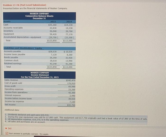  Problem 13-7A (Part Level Submission) Presented below are the financial statements