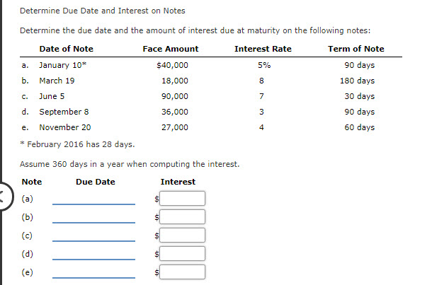 Determine Due Date and Interest on Notes Determine the due date