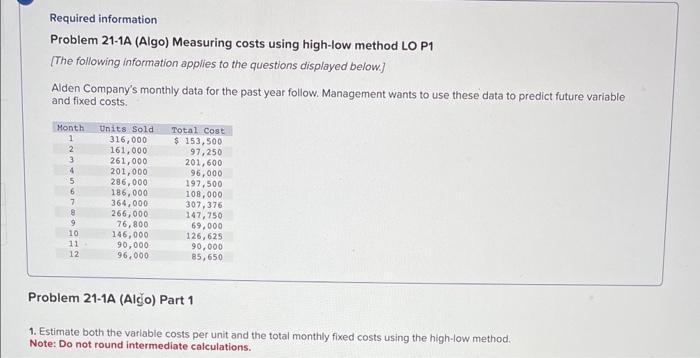 Required information Problem 21-1A (Algo) Measuring costs using high-low method LO