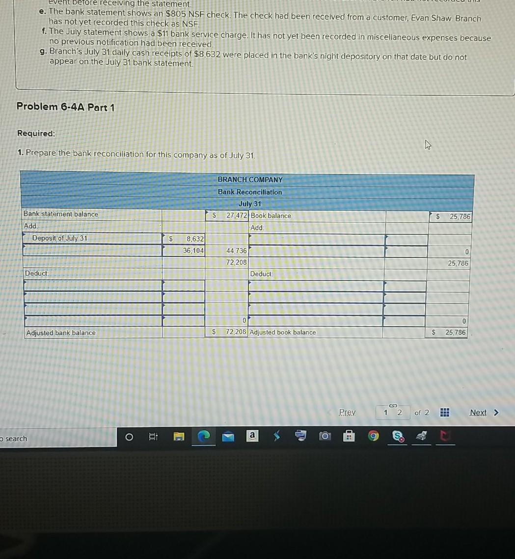 help. Required information Problem 6-4A Preparing a bank reconciliation and recording adjustments