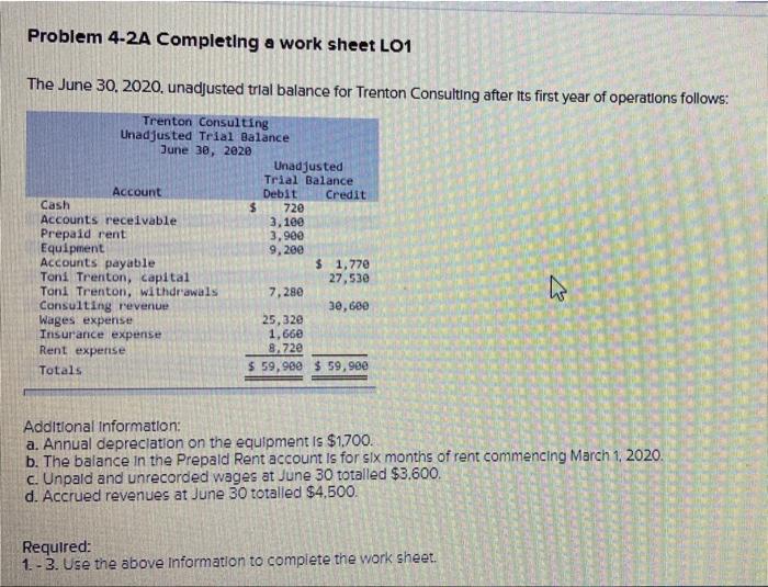 Problem 4-2A Completing a work sheet L01 The June 30, 2020,
