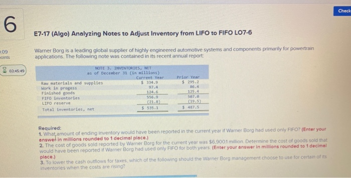  Check E7-17 (Algo) Analyzing Notes to Adjust Inventory from LIFO to
