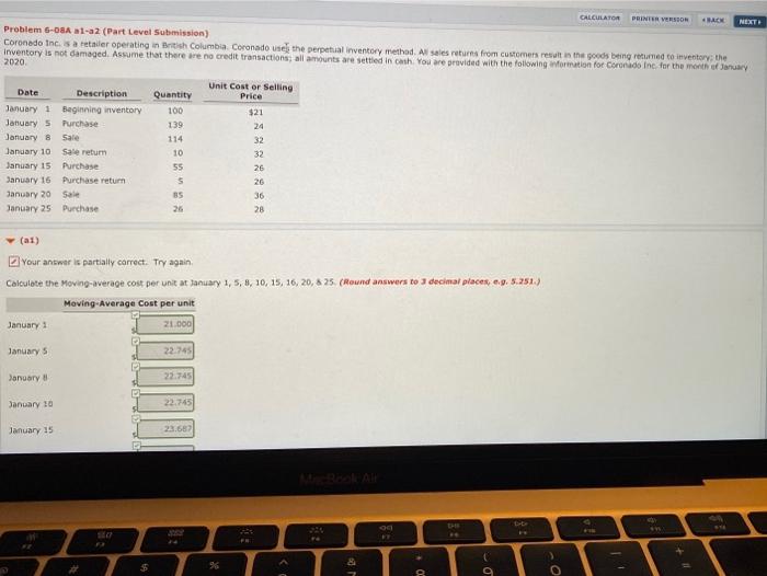  please help! CALCULATOR PRINTER VERSION HACK NEXT Problem 6-OBA al-a2 (Part
