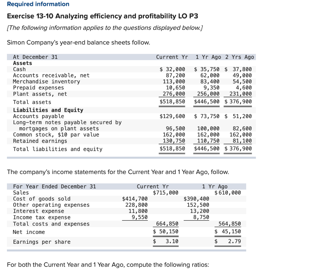  Required information Exercise 13-10 Analyzing efficiency and profitability LO P3 (The