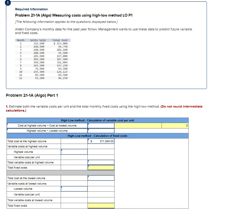  Problem 21-1A (Algo) Measuring costs using high-low method LO P1 [The