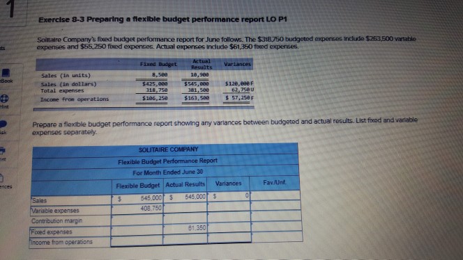 please help solve Exercise 8-3 Preparing a flexible budget performance report LO