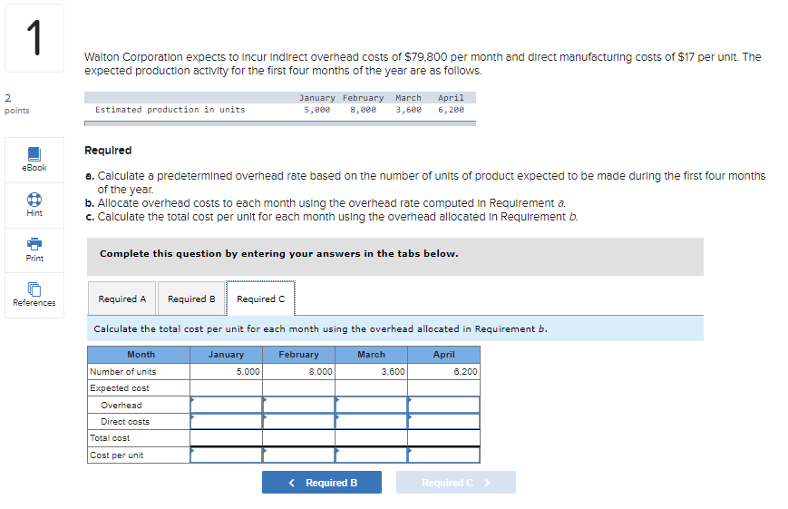 and direct manufacturing costs of $17 per unit. The expected production activity