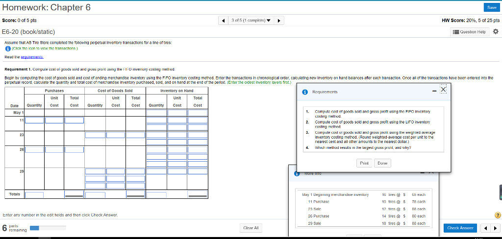  Homework: Chapter 6 Score: 0 of 5 pts E6-20 (book/static) 3