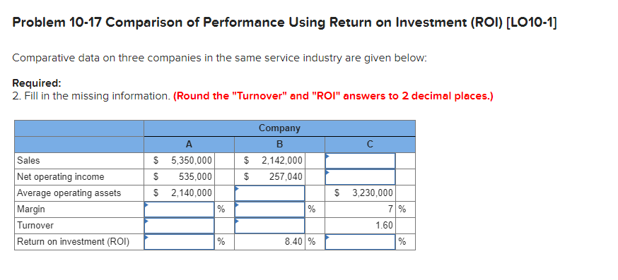  Problem 10-17 Comparison of Performance Using Return on Investment (ROI) (LO10-1]