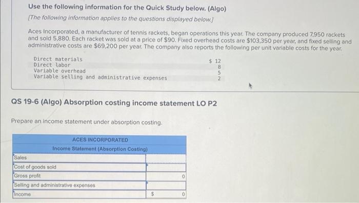  Use the following information for the Quick Study below. (Algo) [The