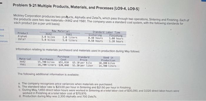  Problem 9-21 Multiple Products, Materials, and Processes (L09-4, LO9-5) Mickley Corporation