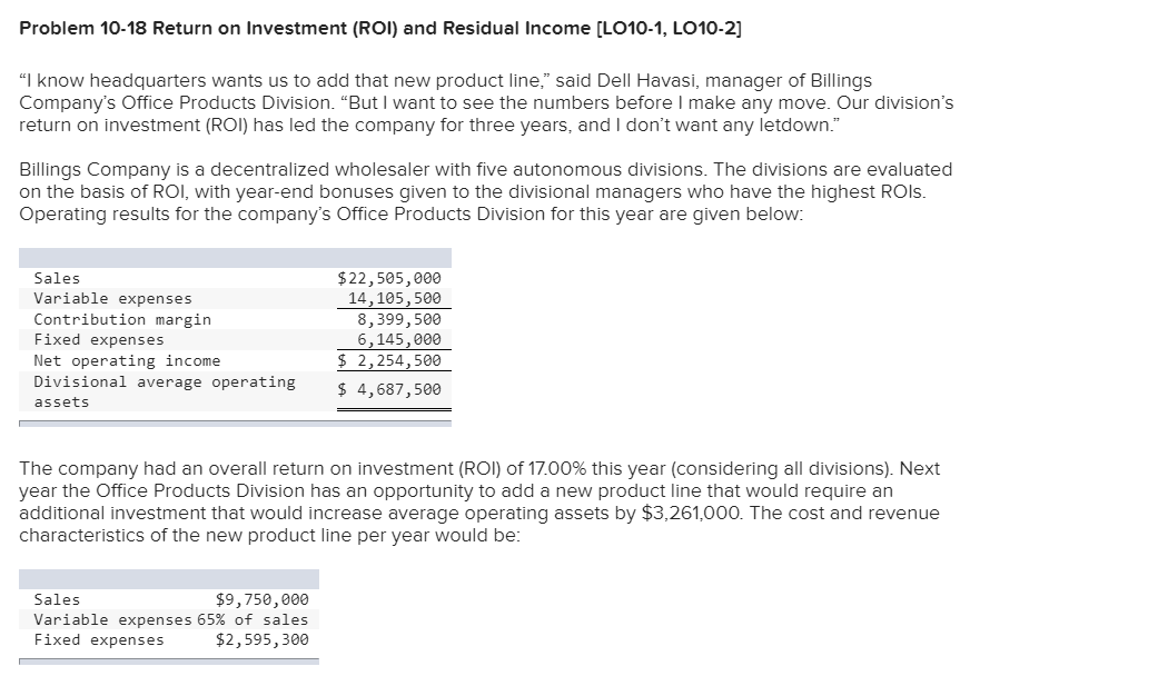 i really appreciate your help Problem 10-18 Return on Investment (ROI) and