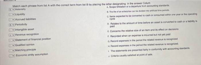  Match each phrase from list A with the correct term from