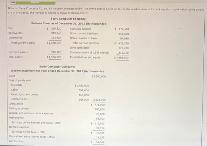  Data for Barry Computer Co. and its industry averages follow. The