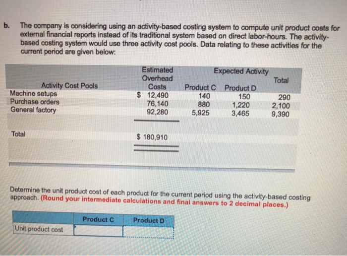  The company is considering using an activity-based costing system to compute