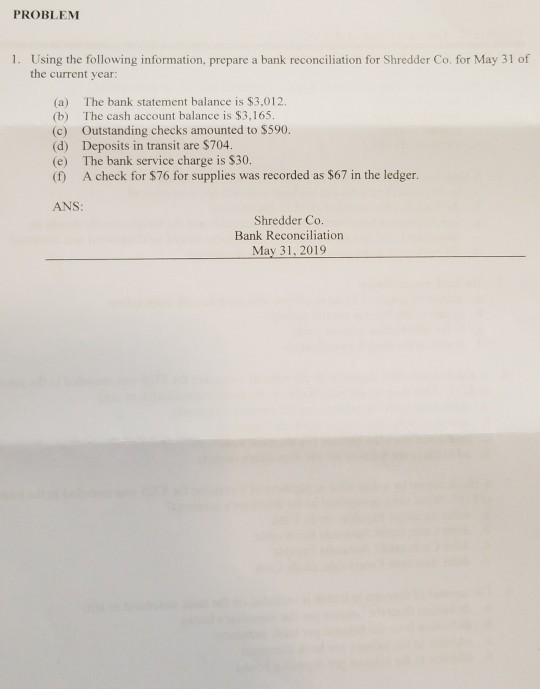 PROBLEM Using the following information, prepare a bank reconciliation for Shredder