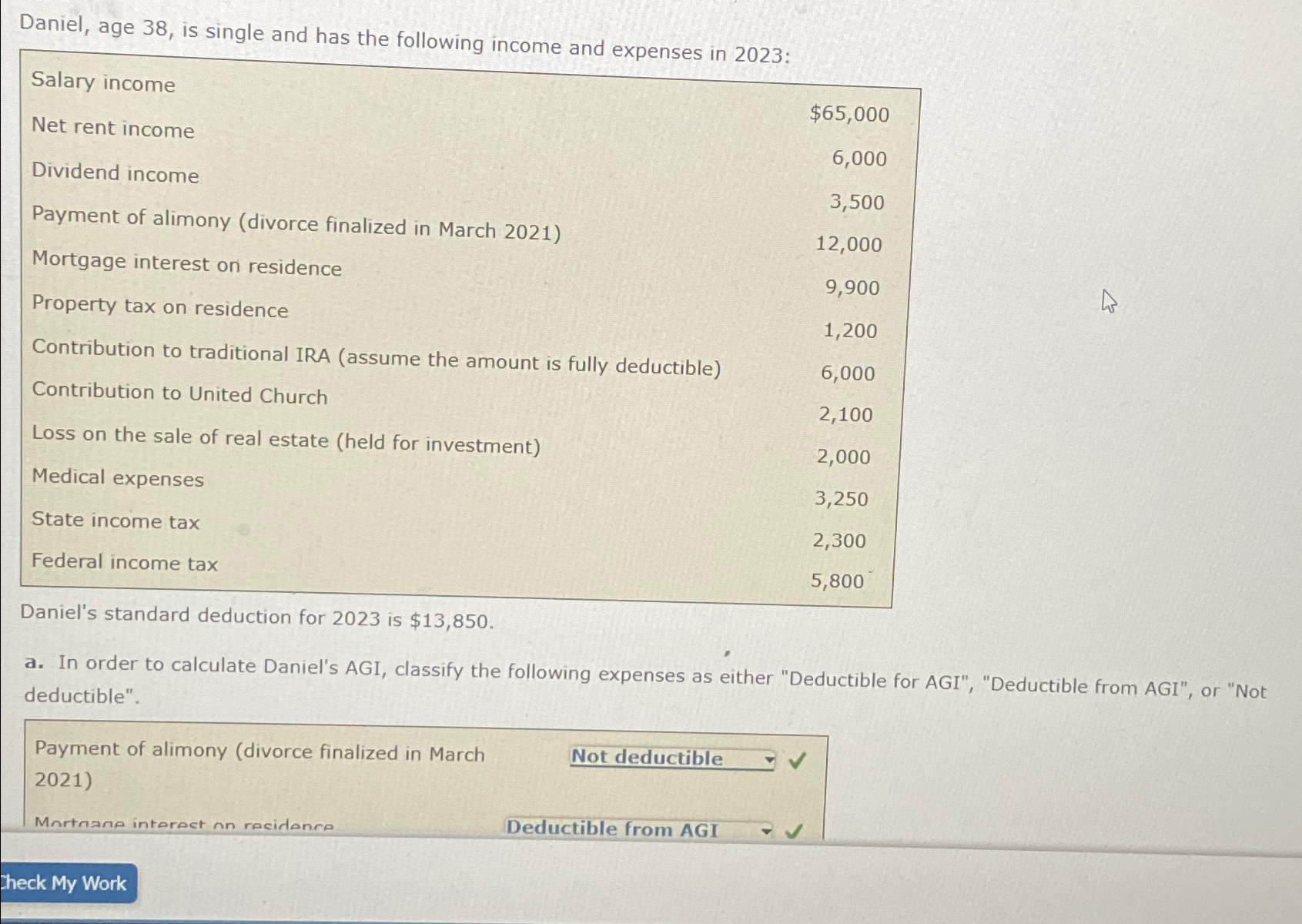  Daniel, age 38, is single and has the following income and