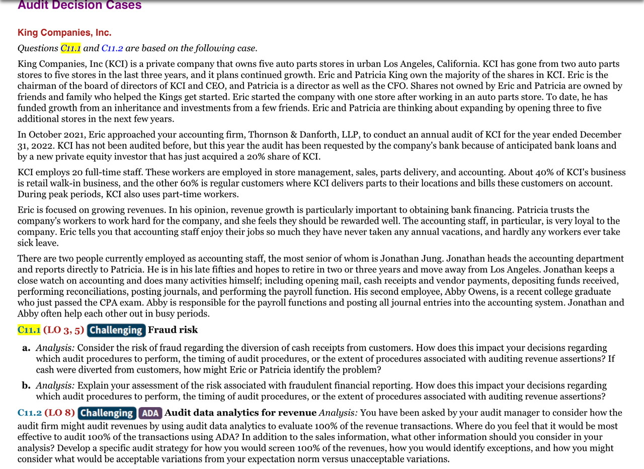 written assignment analyze the "King Companies, Inc." Audit Decision Case in your