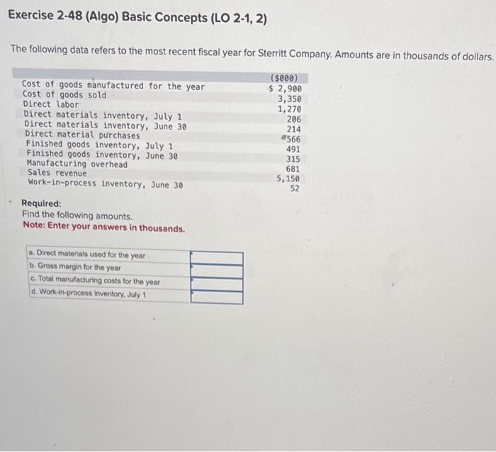  Exercise 2-48 (Algo) Basic Concepts (LO 2-1, 2) The following data