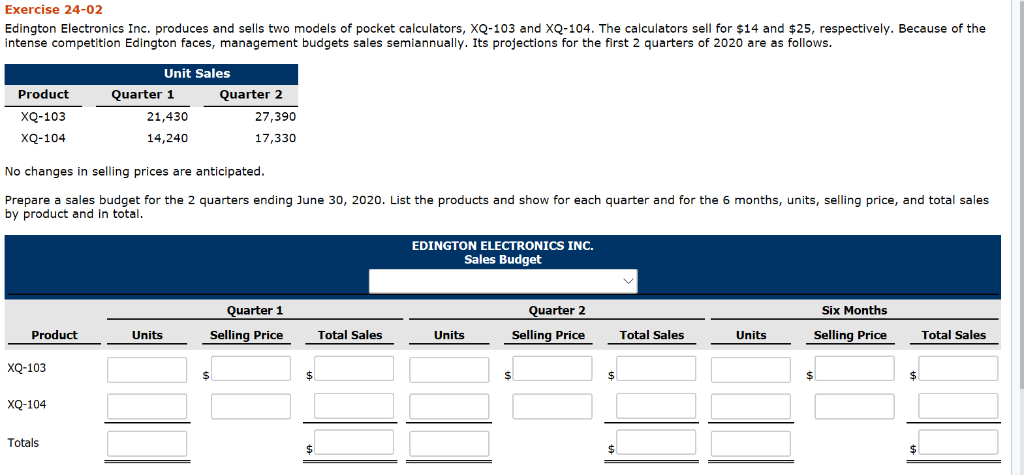  Exercise 24-02 Edington Electronics Inc. produces and sells two models of