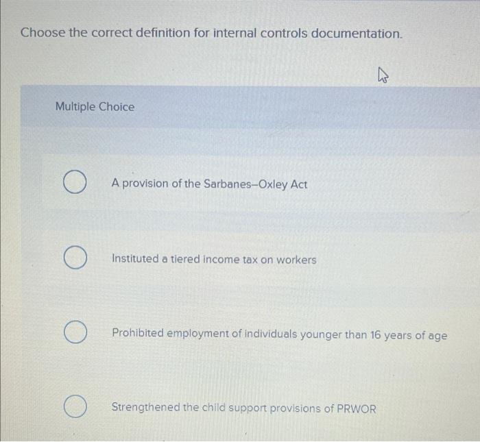  Choose the correct definition for internal controls documentation. Multiple Choice A
