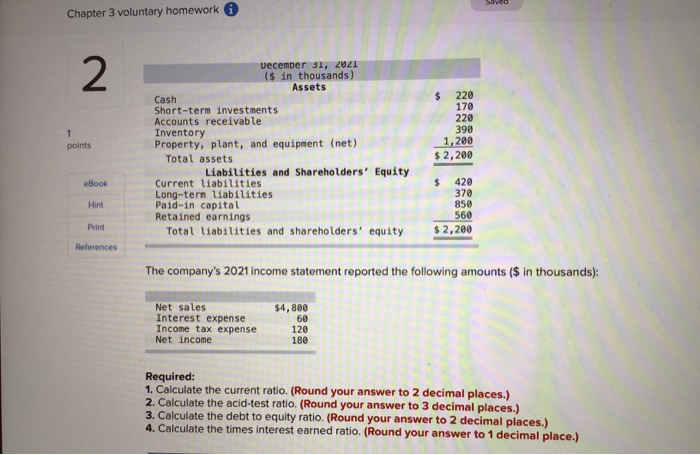  Chapter 3 voluntary homework 2 December 31, 2021 ($ in thousands)