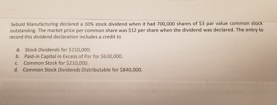 Sebold Manufacturing declared a 10% stock dividend when it had 700,000