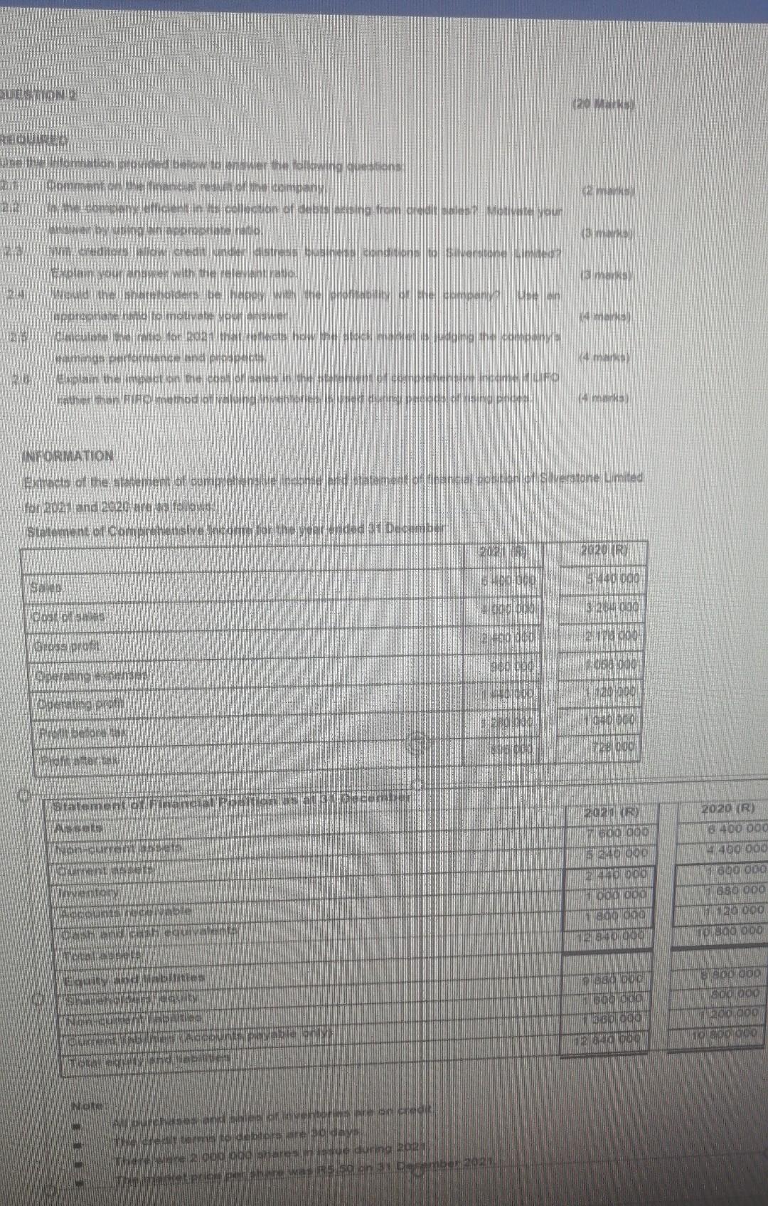  QUESTION 2 (20 Marks) REQUIRED Use the information provided below to