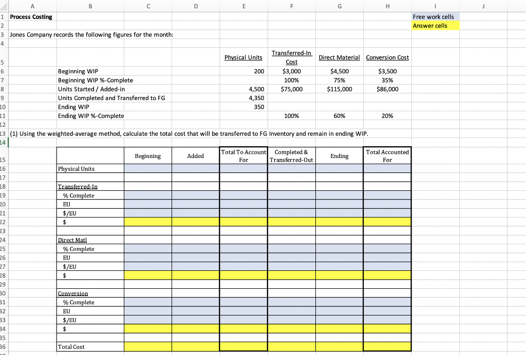 Please answer in excel format with formulas included D E F G