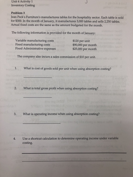  Unit 4 Activity 1 Inventory Costing Problem 3 Jean Peck's Furniture's